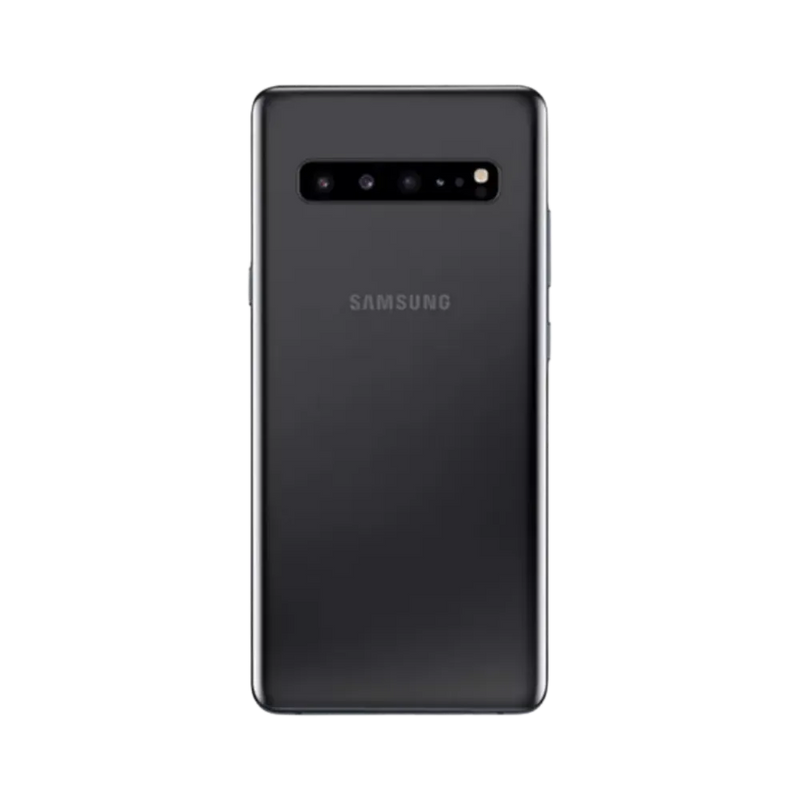 Arrière du Samsung Galaxy S10 5G noir avec finition mate et quadruple caméra horizontale. Atelier iTelier Lyon : remplacement vitre arrière, réparation appareil photo, changement batterie. Diagnostic offert et réparations rapides à Lyon 6.