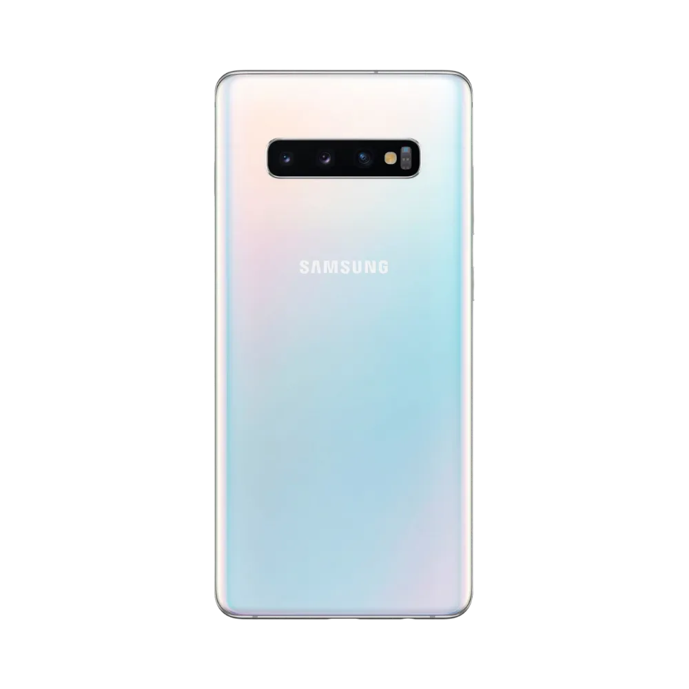 Arrière du Samsung Galaxy S10 blanc nacré avec finition brillante et triple caméra horizontale avec flash. Atelier iTelier Lyon : remplacement vitre arrière, réparation module photo, changement batterie. Diagnostic offert et intervention rapide.