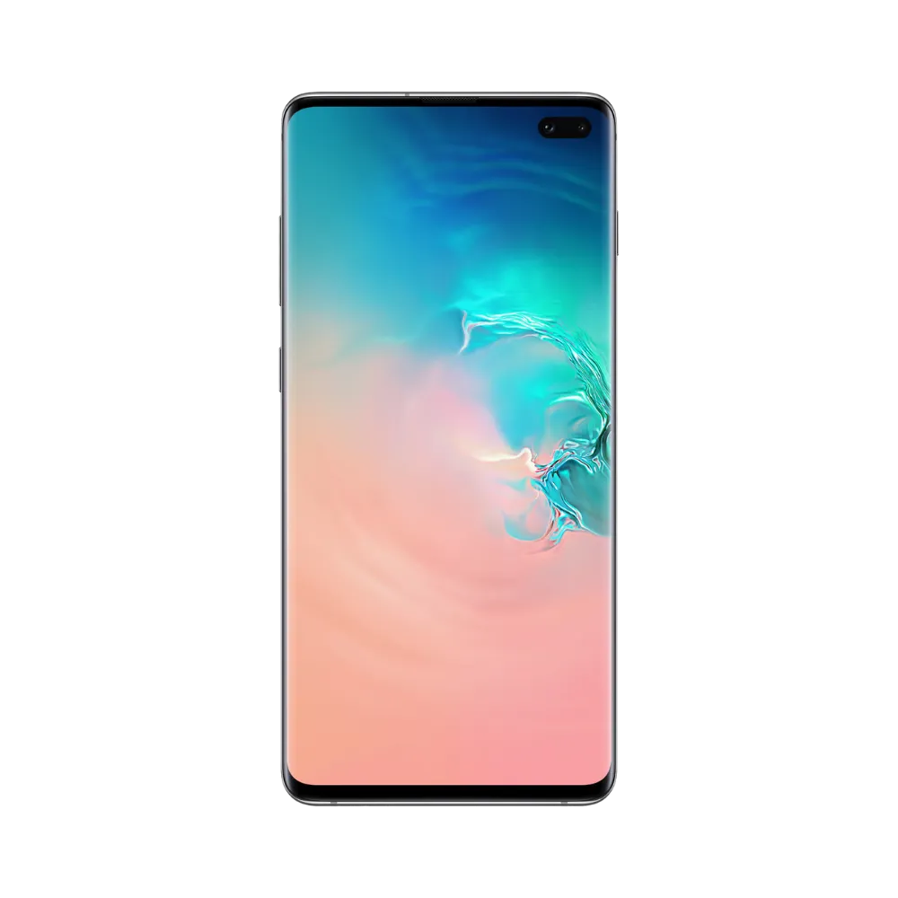 Face avant du Galaxy S10 blanc, dalle AMOLED incurvée avec poinçon caméra discret. iTelier Lyon : remplacement écran fissuré, tactile hors service, nappe interne. Réparations express avec pièces d’origine garanties 1 an.
