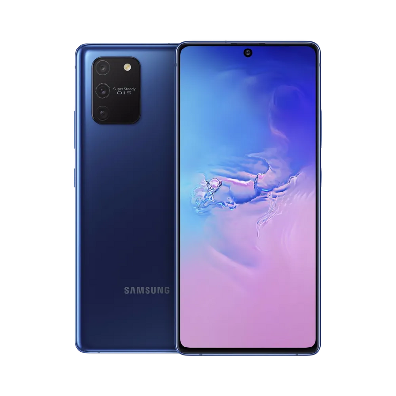 Samsung Galaxy S10 Lite bleu, affiché de face avec écran AMOLED poinçonné et de dos avec triple caméra verticale. Réparations iTelier Lyon : remplacement écran fissuré, vitre arrière, batterie. Diagnostic gratuit en boutique Lyon 6 ou par envoi national.