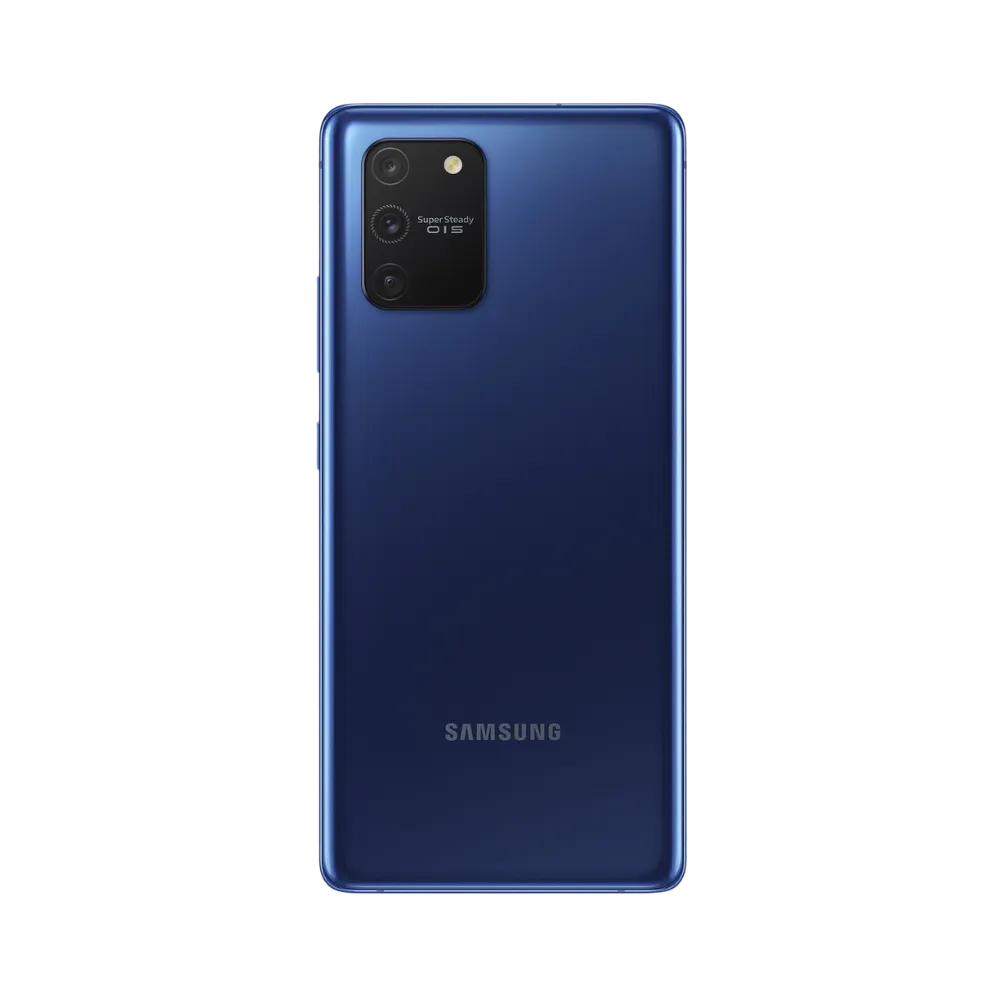 Arrière du Galaxy S10 Lite bleu avec finition brillante et triple capteur photo vertical accompagné du flash. Atelier iTelier Lyon : remplacement vitre arrière, réparation module photo, batterie défectueuse. Diagnostic offert et réparation rapide.
