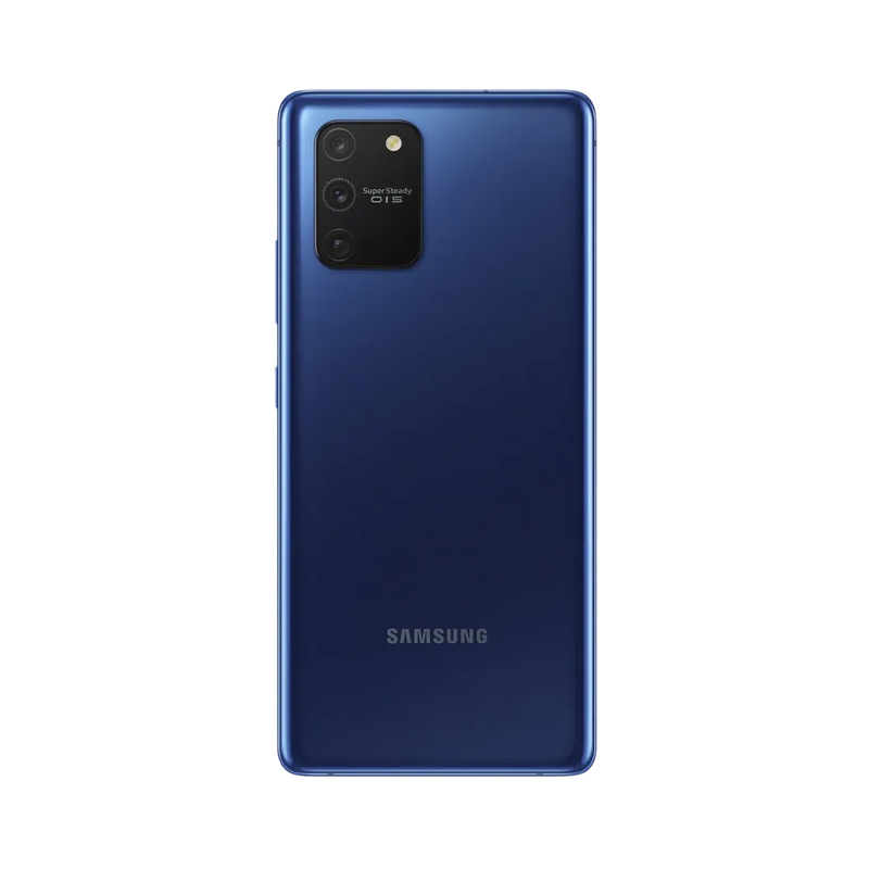Arrière du Galaxy S10 Lite bleu avec finition brillante et triple capteur photo vertical accompagné du flash. Atelier iTelier Lyon : remplacement vitre arrière, réparation module photo, batterie défectueuse. Diagnostic offert et réparation rapide.