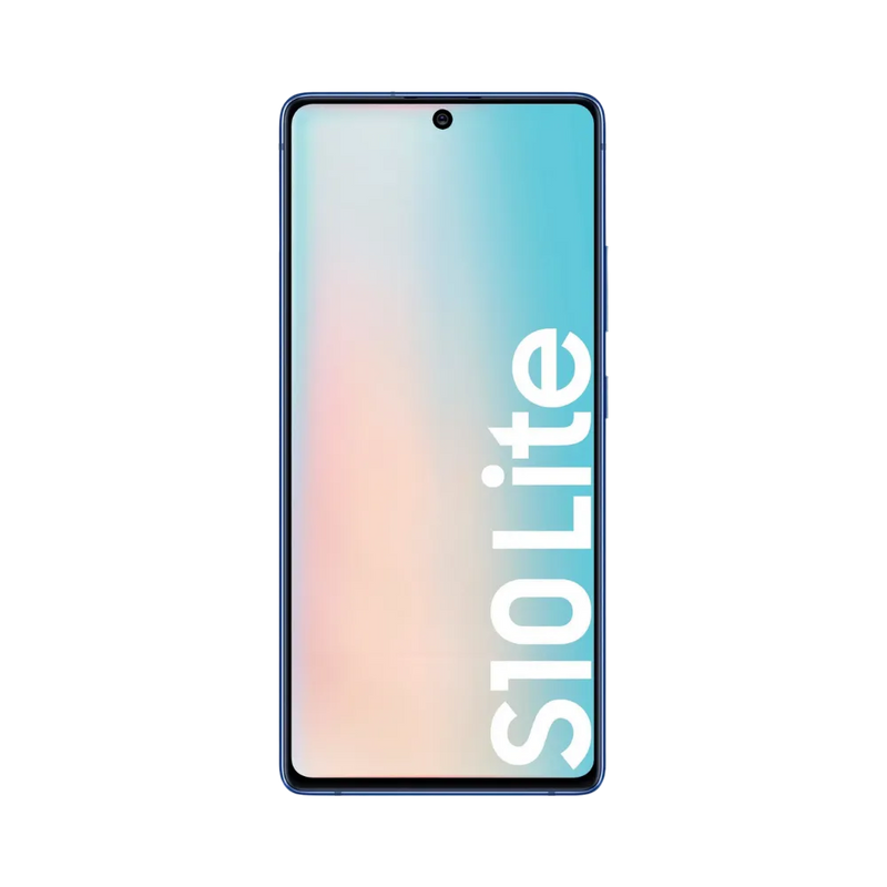 Face avant du Galaxy S10 Lite bleu avec dalle AMOLED bord à bord et poinçon central, affichage “S10 Lite” visible. iTelier Lyon : réparation écran cassé, tactile bloqué, nappe d’affichage. Service express garanti 1 an.