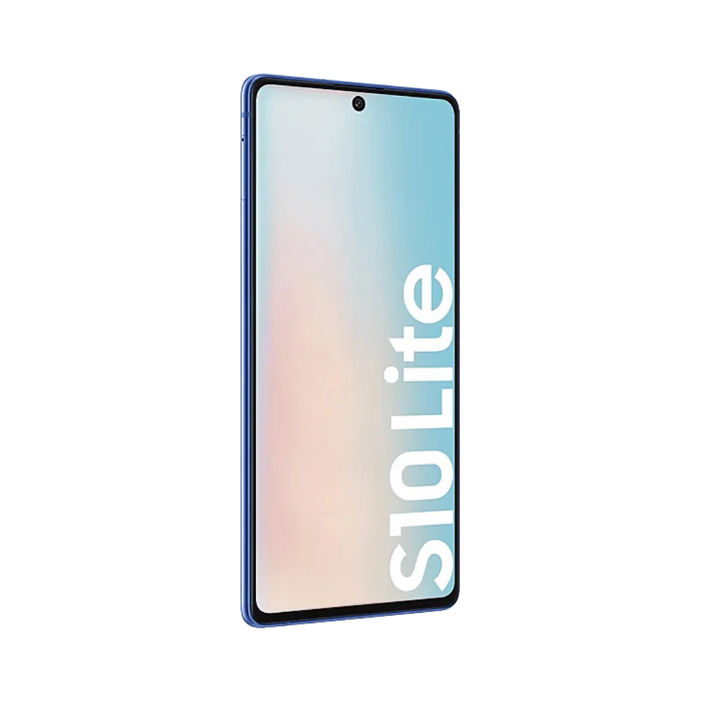 Galaxy S10 Lite bleu vu en perspective arrière, bloc photo vertical mis en avant et marquage “S10 Lite”. Réparation iTelier Lyon : vitre arrière, haut-parleur, connecteur de charge. Service professionnel rapide à Lyon et par correspondance nationale.