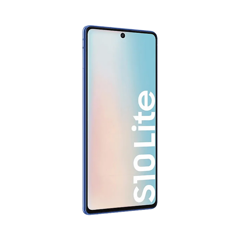 Galaxy S10 Lite bleu vu en perspective arrière, bloc photo vertical mis en avant et marquage “S10 Lite”. Réparation iTelier Lyon : vitre arrière, haut-parleur, connecteur de charge. Service professionnel rapide à Lyon et par correspondance nationale.