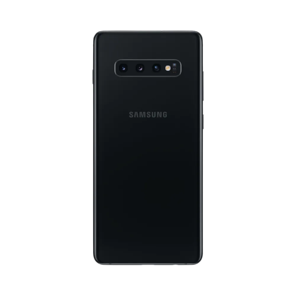 Arrière du Galaxy S10 Plus noir avec triple module photo horizontal et finition brillante. Atelier iTelier Lyon : remplacement vitre arrière, réparation caméra, changement batterie. Diagnostic gratuit et service local à Lyon 6.