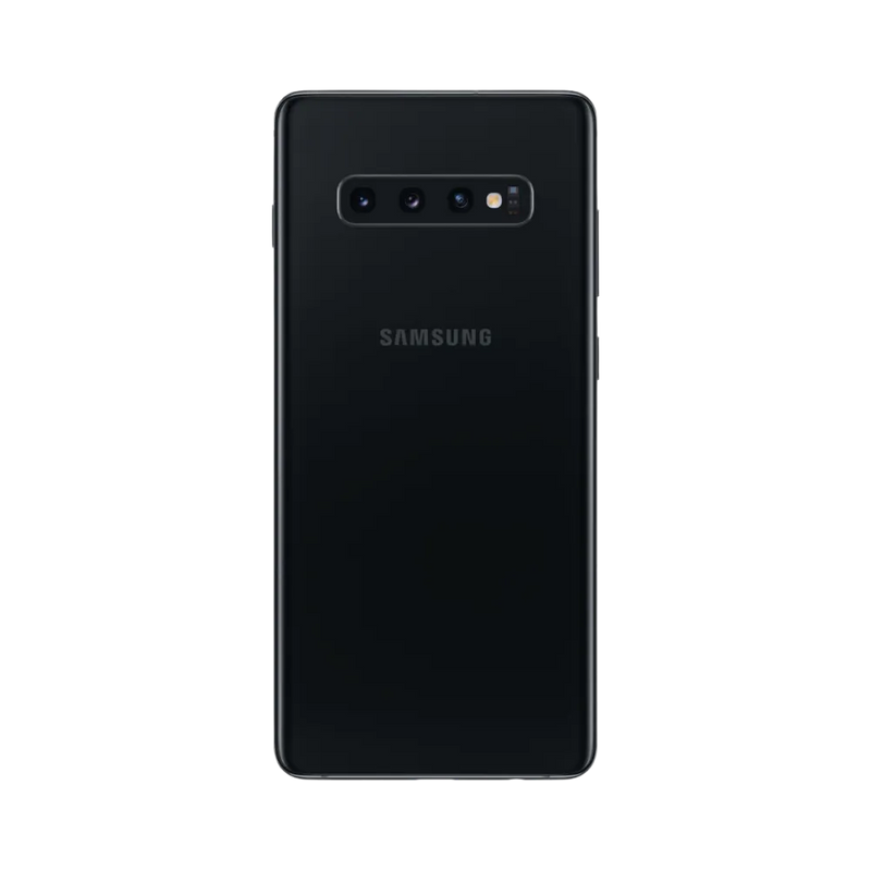 Arrière du Galaxy S10 Plus noir avec triple module photo horizontal et finition brillante. Atelier iTelier Lyon : remplacement vitre arrière, réparation caméra, changement batterie. Diagnostic gratuit et service local à Lyon 6.