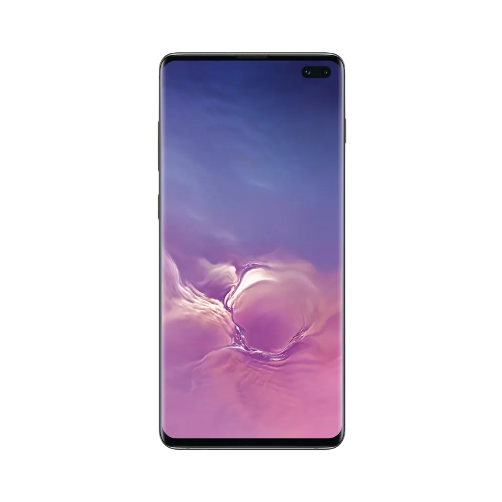 Galaxy S10 Plus noir en vue oblique avant, dalle AMOLED incurvée avec double poinçon caméra. Réparations iTelier Lyon : écran fissuré, tactile bloqué, nappe interne. Service rapide avec pièces d’origine garanties 1 an.
