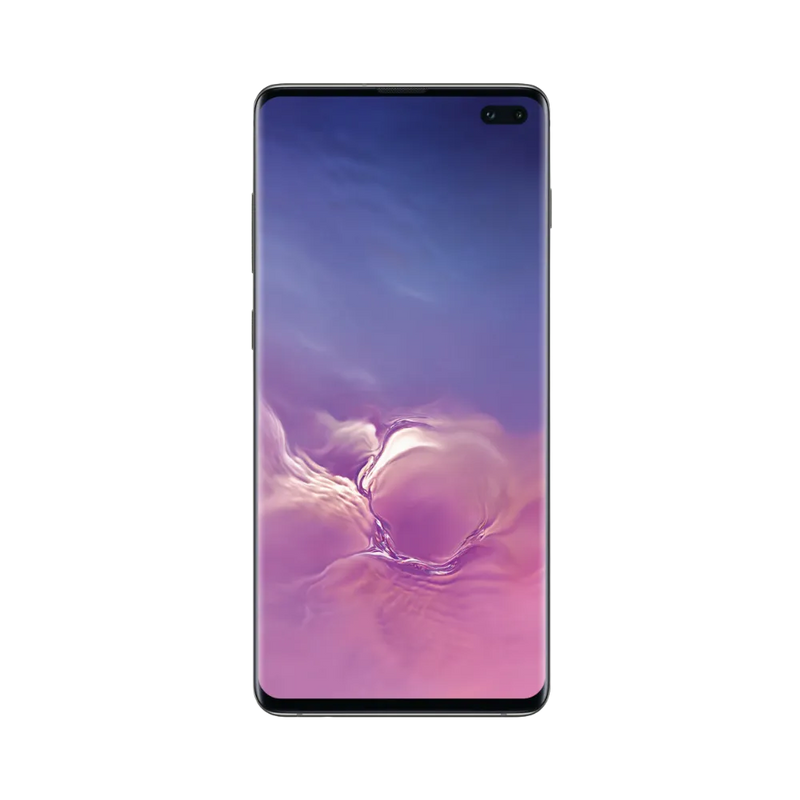 Galaxy S10 Plus noir en vue oblique avant, dalle AMOLED incurvée avec double poinçon caméra. Réparations iTelier Lyon : écran fissuré, tactile bloqué, nappe interne. Service rapide avec pièces d’origine garanties 1 an.