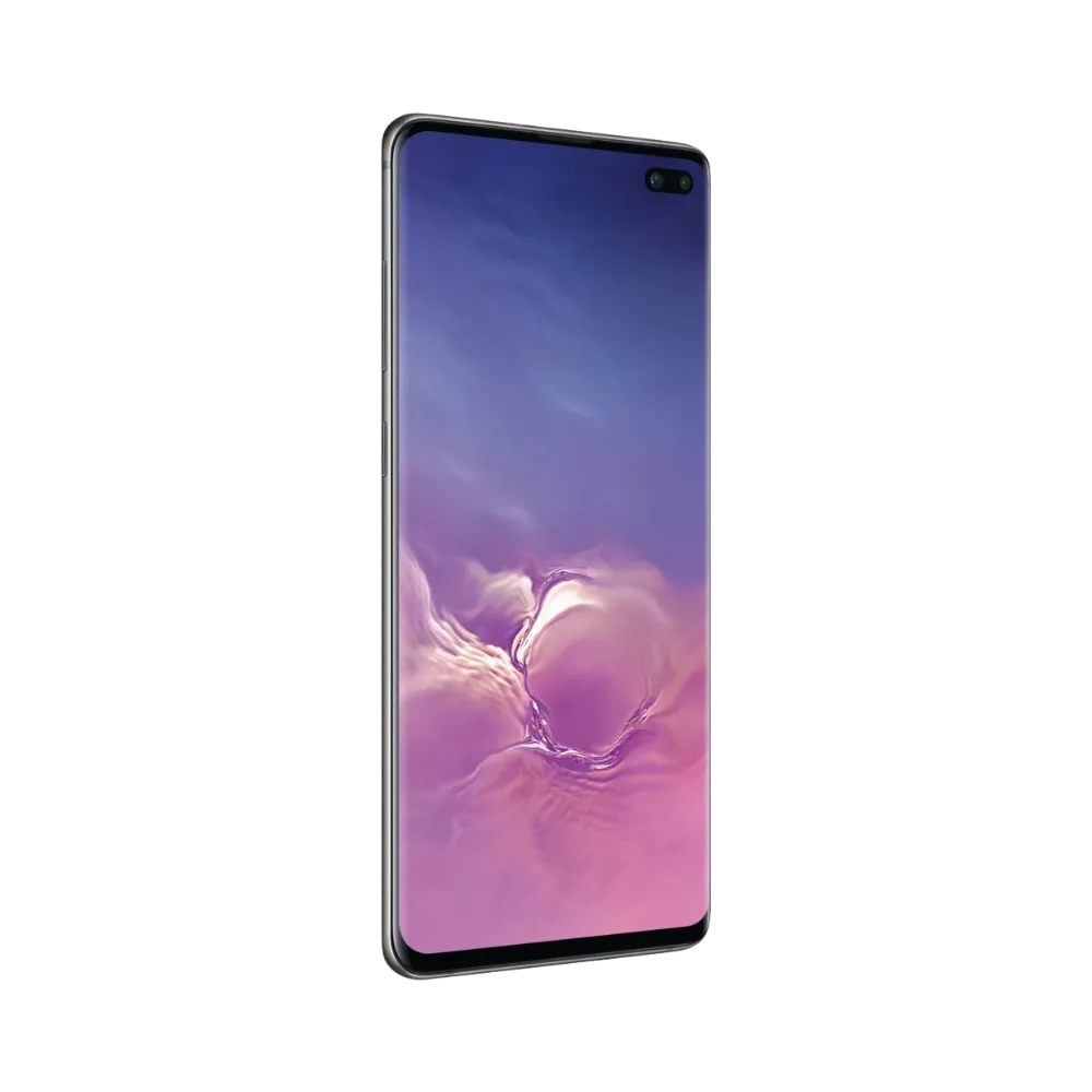 Face avant du Samsung Galaxy S10 Plus noir, écran AMOLED bord à bord avec fond violet/rose et poinçon caméra. iTelier Lyon : réparation écran OLED, tactile, remplacement vitre de protection. Service express et garanti.