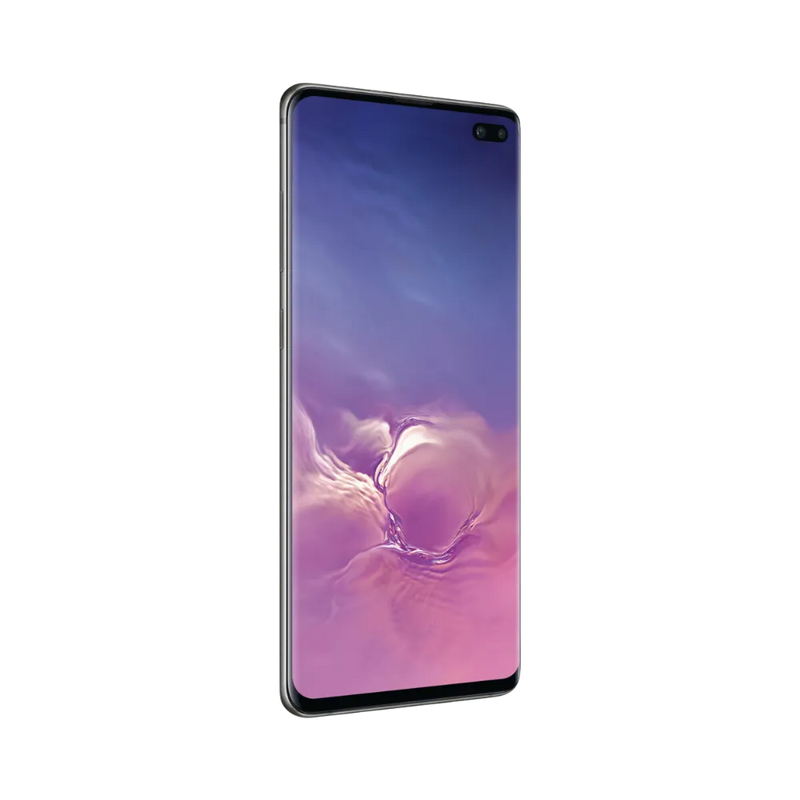Face avant du Samsung Galaxy S10 Plus noir, écran AMOLED bord à bord avec fond violet/rose et poinçon caméra. iTelier Lyon : réparation écran OLED, tactile, remplacement vitre de protection. Service express et garanti.