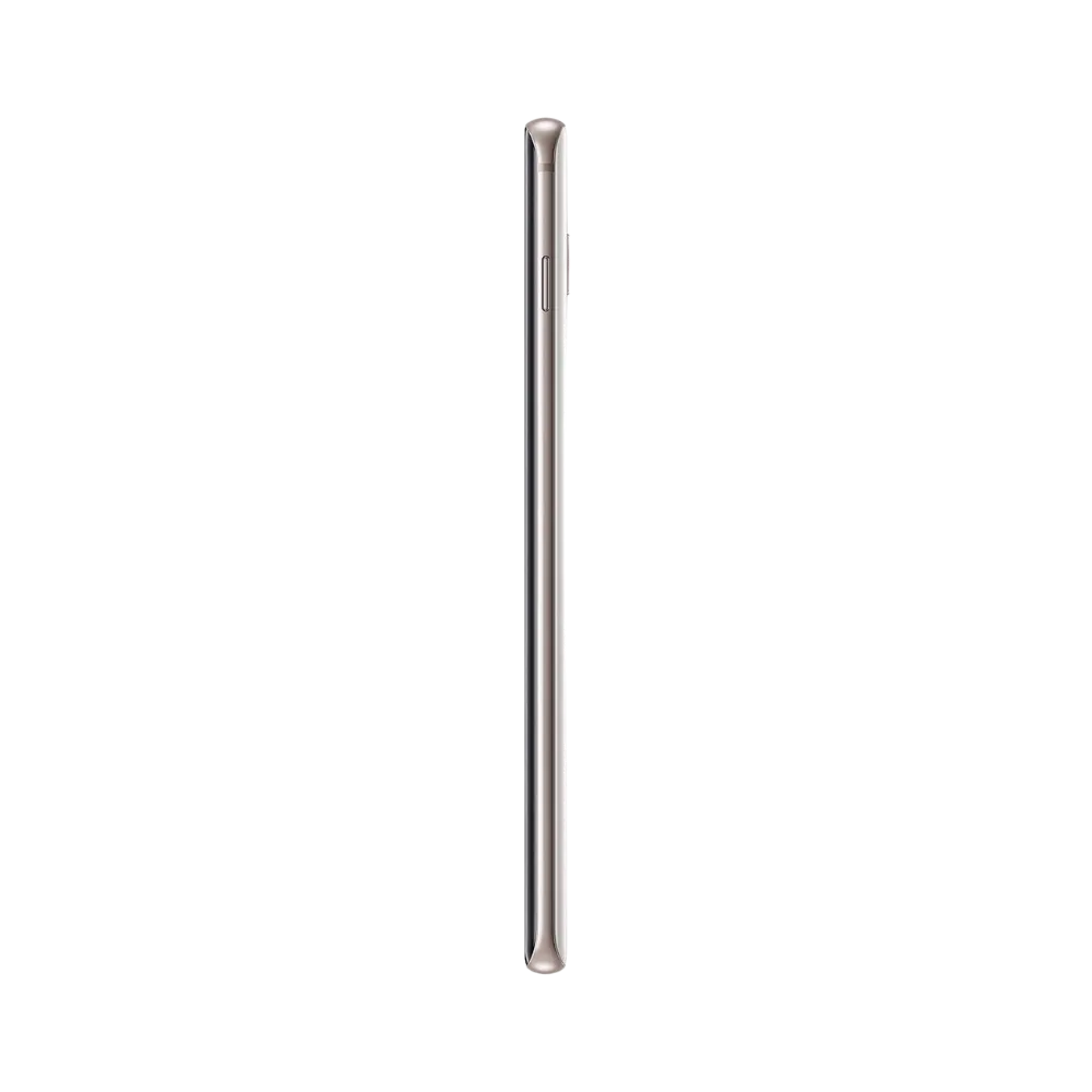 Profil du Samsung Galaxy S10 blanc, tranche métallique fine avec boutons d’alimentation et volume. iTelier Lyon : réparation bouton power, port USB-C, écran AMOLED incurvé. Garantie 1 an et service express en boutique ou par correspondance.