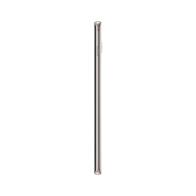 Profil du Samsung Galaxy S10 blanc, tranche métallique fine avec boutons d’alimentation et volume. iTelier Lyon : réparation bouton power, port USB-C, écran AMOLED incurvé. Garantie 1 an et service express en boutique ou par correspondance.