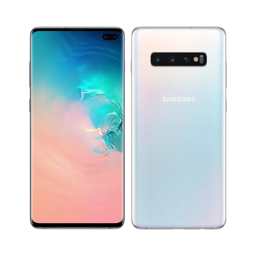 Galaxy S10 blanc vu en perspective arrière, design premium et bloc photo horizontal mis en valeur. Réparations iTelier Lyon : vitre arrière cassée, haut-parleur, connecteur de charge. Service rapide à Lyon et envoi sécurisé national.