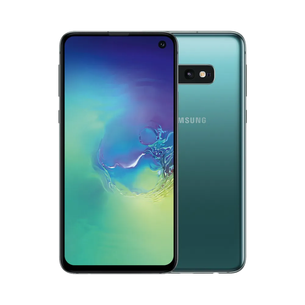 Samsung Galaxy S10e vert, affiché de face avec écran AMOLED poinçonné et de dos avec double caméra horizontale. Réparations iTelier Lyon : remplacement écran, vitre arrière, batterie, caméra. Diagnostic gratuit en boutique ou par envoi sécurisé.