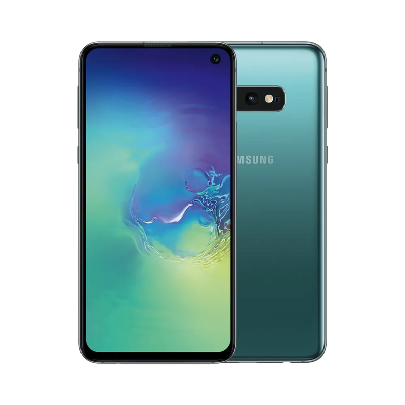 Samsung Galaxy S10e vert, affiché de face avec écran AMOLED poinçonné et de dos avec double caméra horizontale. Réparations iTelier Lyon : remplacement écran, vitre arrière, batterie, caméra. Diagnostic gratuit en boutique ou par envoi sécurisé.