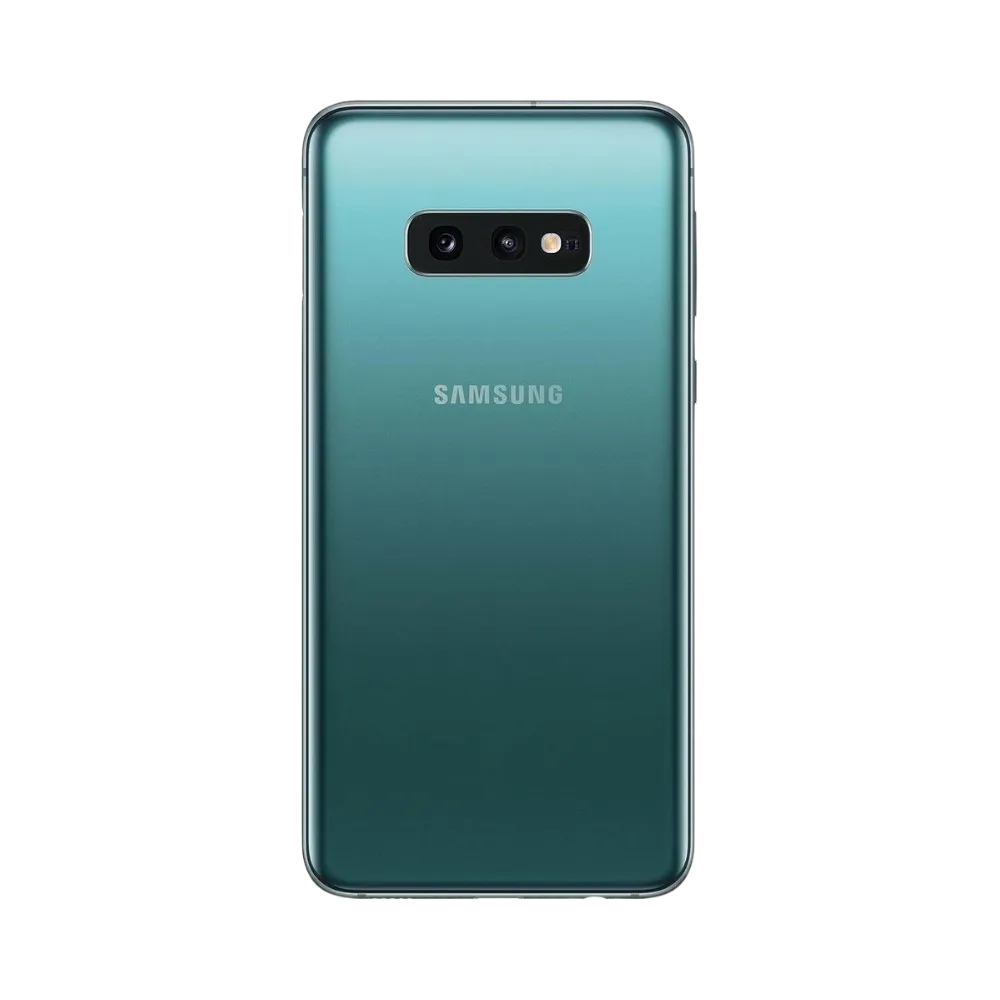 Arrière du Samsung Galaxy S10e vert avec finition brillante et double capteur photo horizontal accompagné du flash. Atelier iTelier Lyon : remplacement vitre arrière, réparation caméra, batterie défectueuse. Diagnostic offert et réparation rapide.