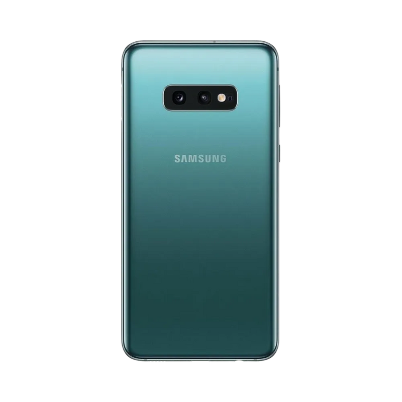 Arrière du Samsung Galaxy S10e vert avec finition brillante et double capteur photo horizontal accompagné du flash. Atelier iTelier Lyon : remplacement vitre arrière, réparation caméra, batterie défectueuse. Diagnostic offert et réparation rapide.