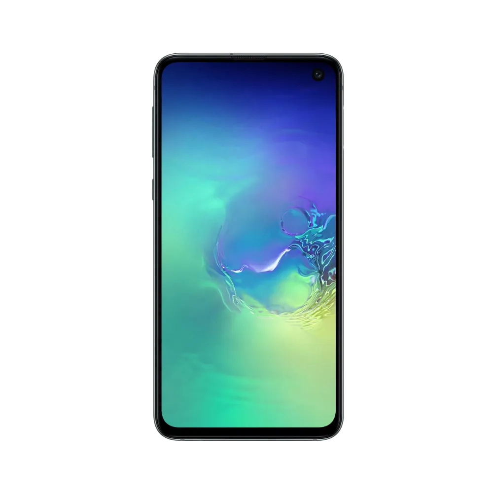 Face avant du Galaxy S10e vert avec dalle AMOLED bord à bord et poinçon caméra situé en haut à gauche. iTelier Lyon : réparation écran cassé, tactile bloqué, nappe d’affichage. Service rapide avec pièces Samsung garanties 1 an.