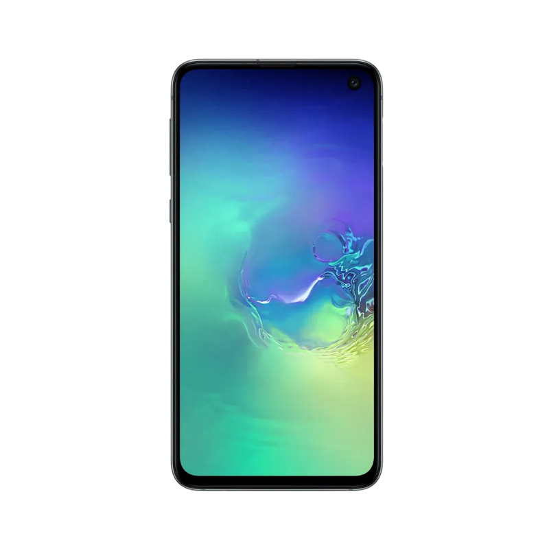 Face avant du Galaxy S10e vert avec dalle AMOLED bord à bord et poinçon caméra situé en haut à gauche. iTelier Lyon : réparation écran cassé, tactile bloqué, nappe d’affichage. Service rapide avec pièces Samsung garanties 1 an.
