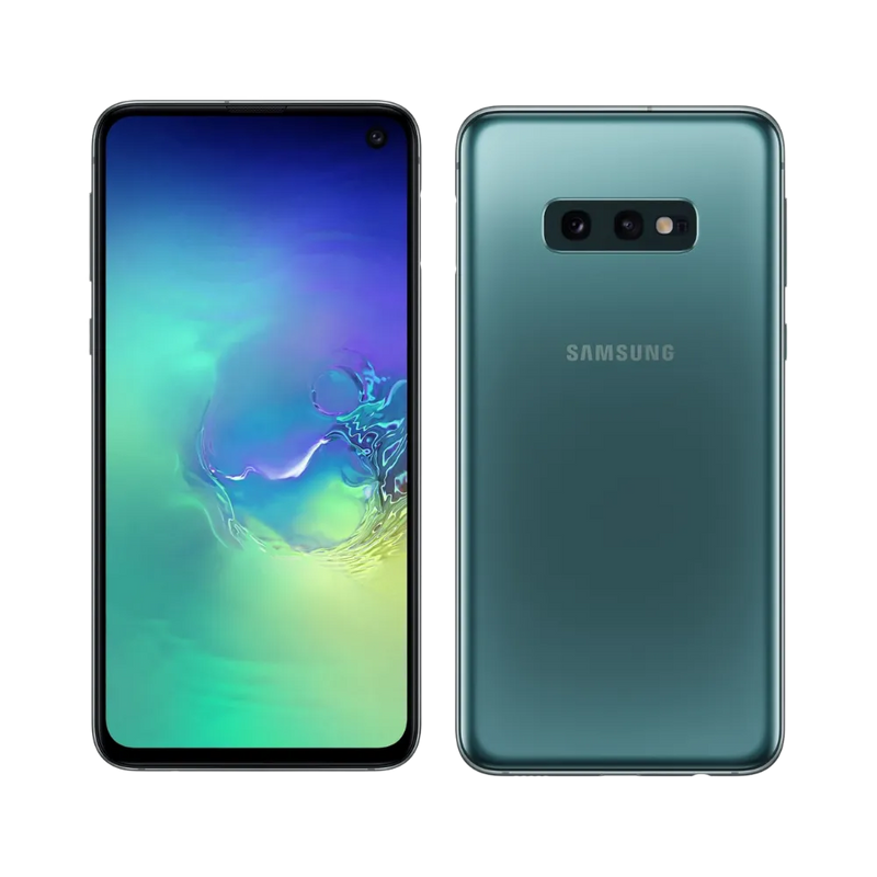 Galaxy S10e vert vu en perspective arrière, design compact avec double caméra horizontale. Réparations iTelier Lyon : vitre arrière fissurée, haut-parleur interne, port de charge. Service express local à Lyon ou envoi national sécurisé.