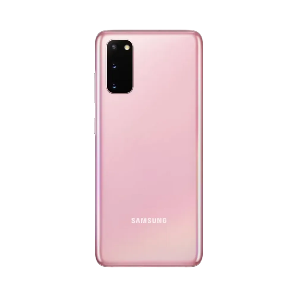 Arrière du Samsung Galaxy S20 5G rose nacré avec triple module photo aligné verticalement. Atelier iTelier Lyon : remplacement vitre arrière cassée, caméra endommagée, batterie. Diagnostic offert et réparations rapides avec transparence.