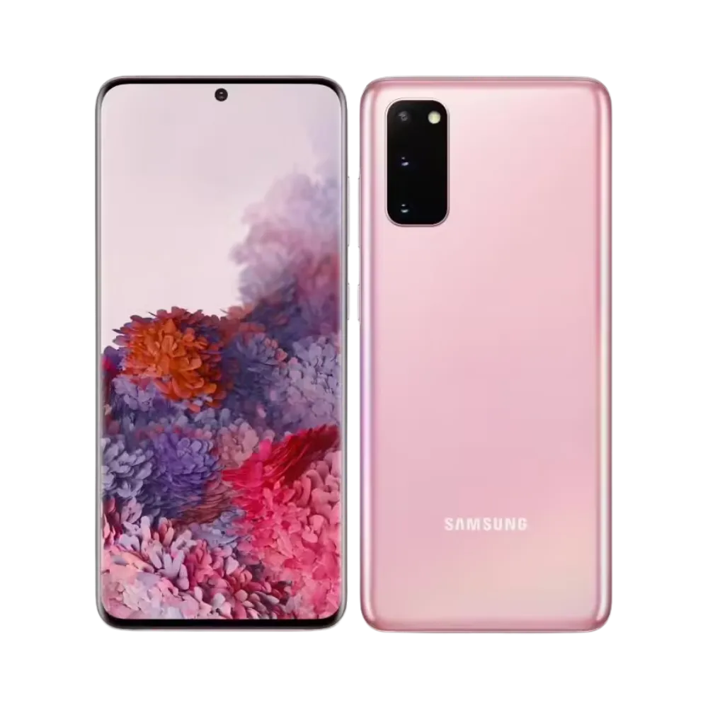 Galaxy S20 5G rose vu en perspective arrière, design raffiné et bloc photo mis en évidence. Réparations iTelier Lyon : vitre arrière, connecteur USB-C, haut-parleur interne. Service professionnel rapide à Lyon et par correspondance nationale.