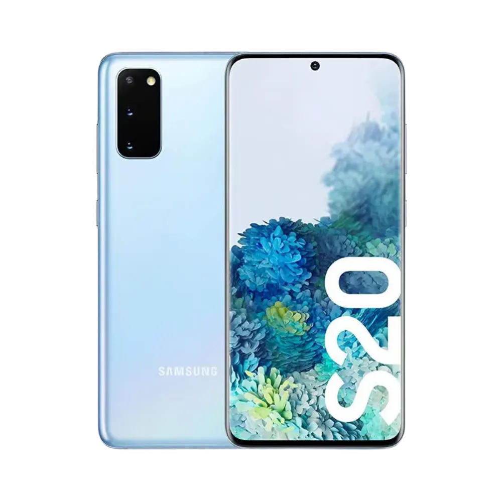 Samsung Galaxy S20 bleu ciel présenté de face (écran bord à bord poinçonné) et de dos (module photo rectangulaire à triple capteur). Réparation iTelier Lyon : écran AMOLED, vitre arrière, batterie. Diagnostic gratuit, prise en charge express.