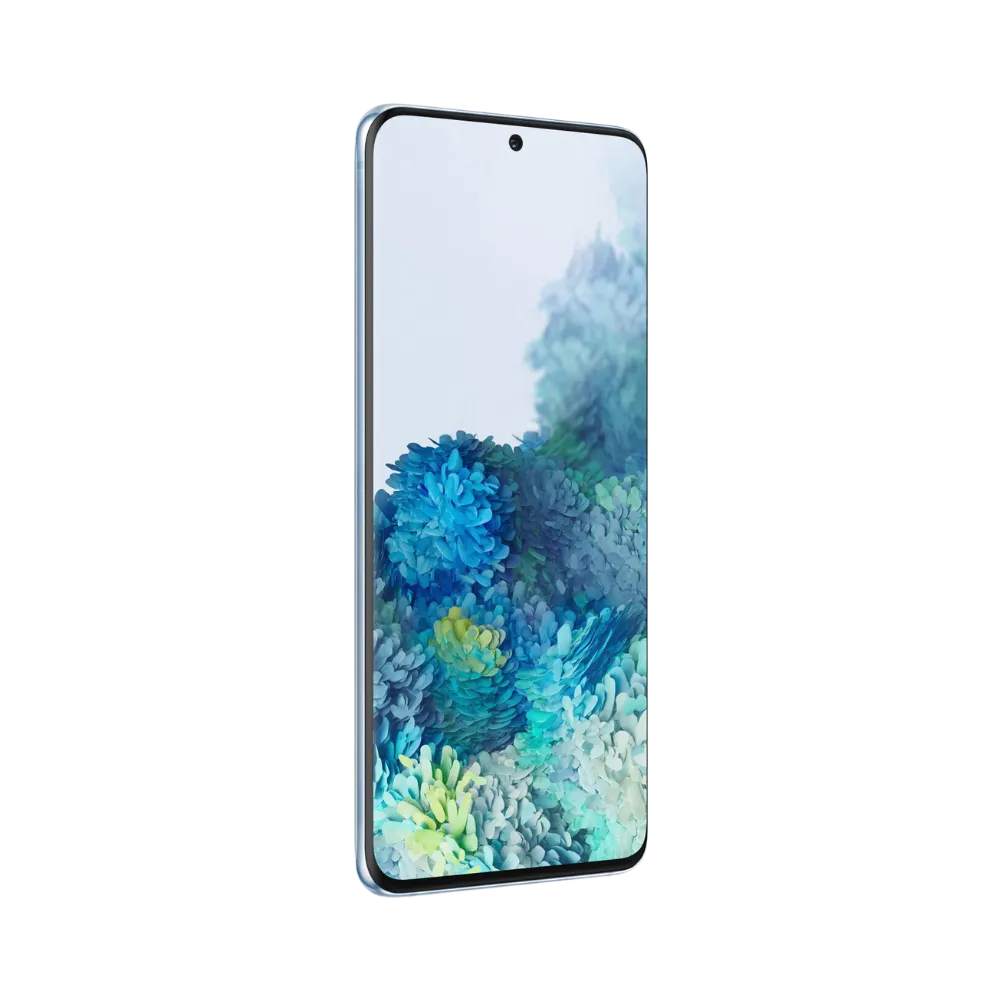 Écran avant du Galaxy S20 affichant le marquage “S20” en grand, bordures fines et poinçon central. Réparation iTelier Lyon : remise en état affichage/tactile, remplacement écran OLED, contrôles fonctionnels offerts.