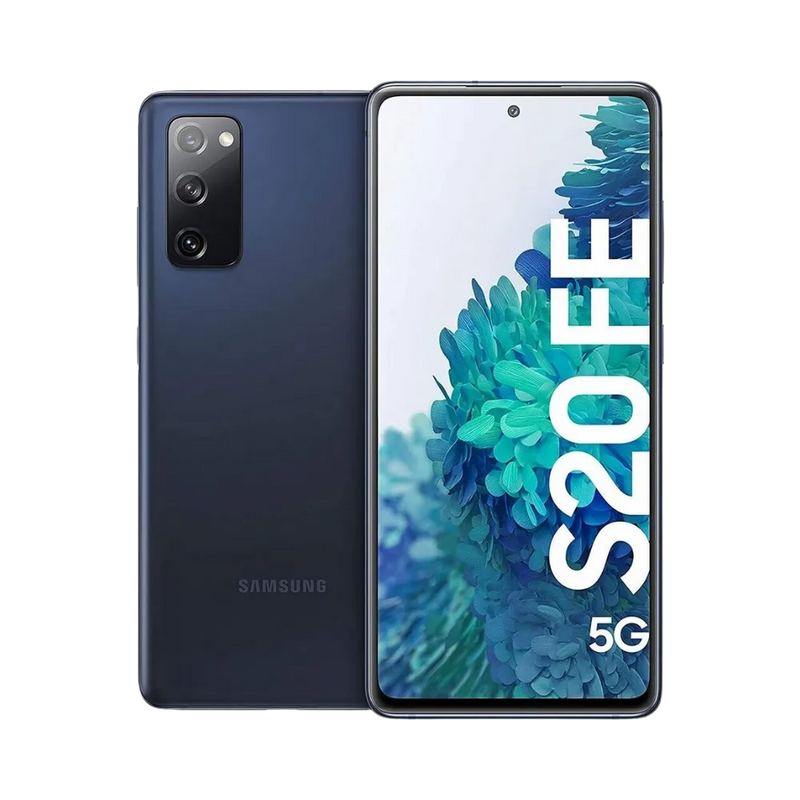 Samsung Galaxy S20 FE 5G bleu, affiché de face avec écran AMOLED poinçonné et de dos avec triple caméra verticale. Réparations iTelier Lyon : remplacement écran, vitre arrière, batterie, caméra. Diagnostic gratuit en boutique Lyon 6 ou par envoi postal.