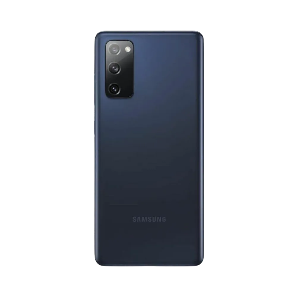 Arrière du Galaxy S20 FE 5G bleu avec finition mate et triple module photo vertical. Atelier iTelier Lyon : remplacement vitre arrière brisée, caméra endommagée, batterie gonflée. Diagnostic offert et réparations rapides à Lyon.