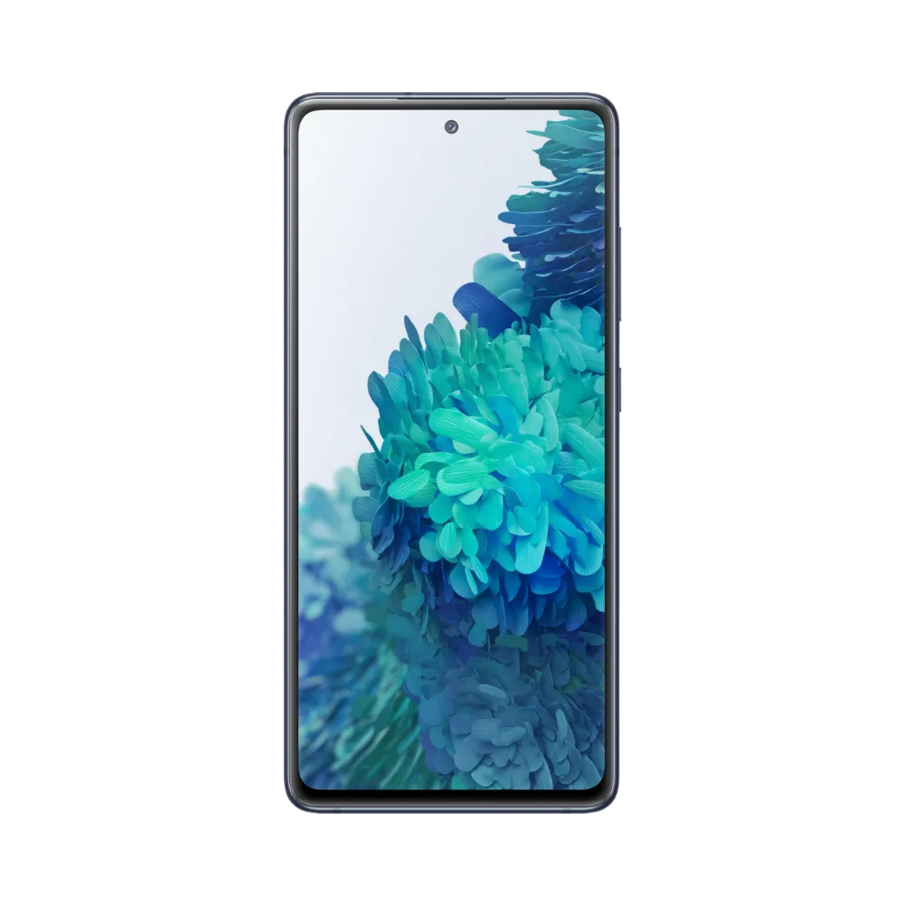 Face avant du Galaxy S20 FE 5G bleu avec dalle AMOLED bord à bord et poinçon centré. iTelier Lyon : réparation écran cassé, tactile bloqué, nappe défectueuse. Service express avec pièces d’origine Samsung garanties 1 an.