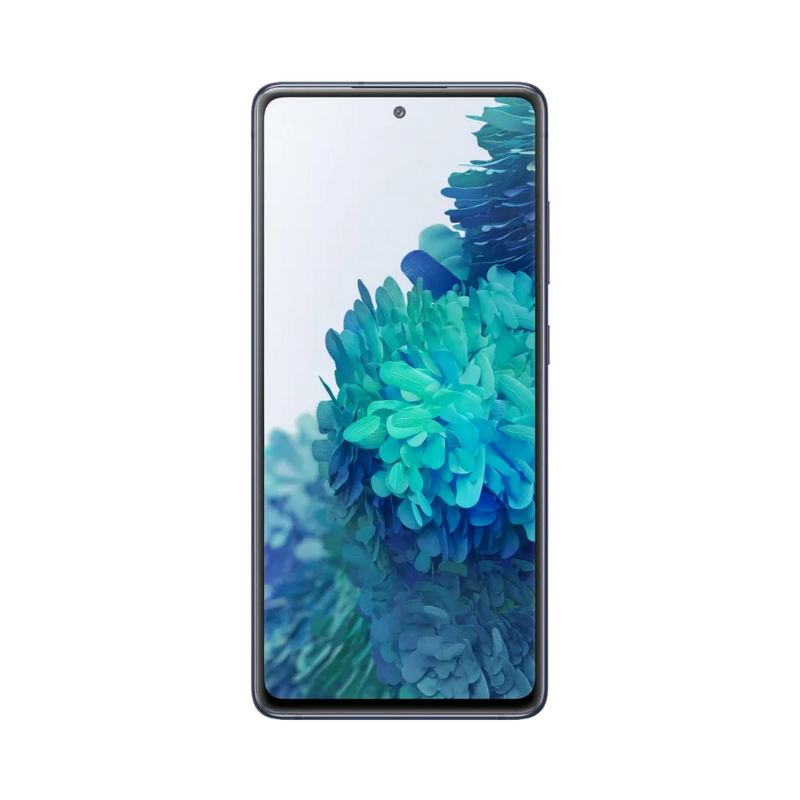 Face avant du Galaxy S20 FE 5G bleu avec dalle AMOLED bord à bord et poinçon centré. iTelier Lyon : réparation écran cassé, tactile bloqué, nappe défectueuse. Service express avec pièces d’origine Samsung garanties 1 an.