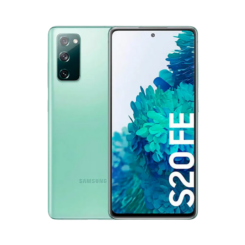Samsung Galaxy S20 FE vert pastel, affiché de face avec écran AMOLED poinçonné et de dos avec triple capteur photo vertical. iTelier Lyon : remplacement écran fissuré, vitre arrière, caméra, batterie. Diagnostic offert en boutique ou par envoi national.