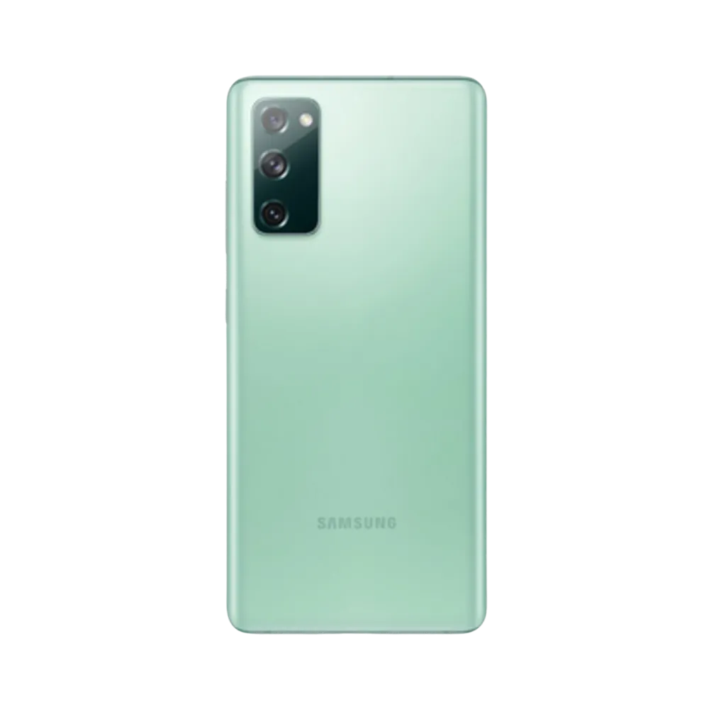 Arrière du Samsung Galaxy S20 FE vert avec finition mate élégante et triple caméra alignée verticalement. Atelier iTelier Lyon : remplacement vitre arrière brisée, réparation caméra, changement batterie. Diagnostic gratuit et réparation express.