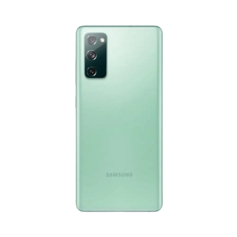 Arrière du Samsung Galaxy S20 FE vert avec finition mate élégante et triple caméra alignée verticalement. Atelier iTelier Lyon : remplacement vitre arrière brisée, réparation caméra, changement batterie. Diagnostic gratuit et réparation express.