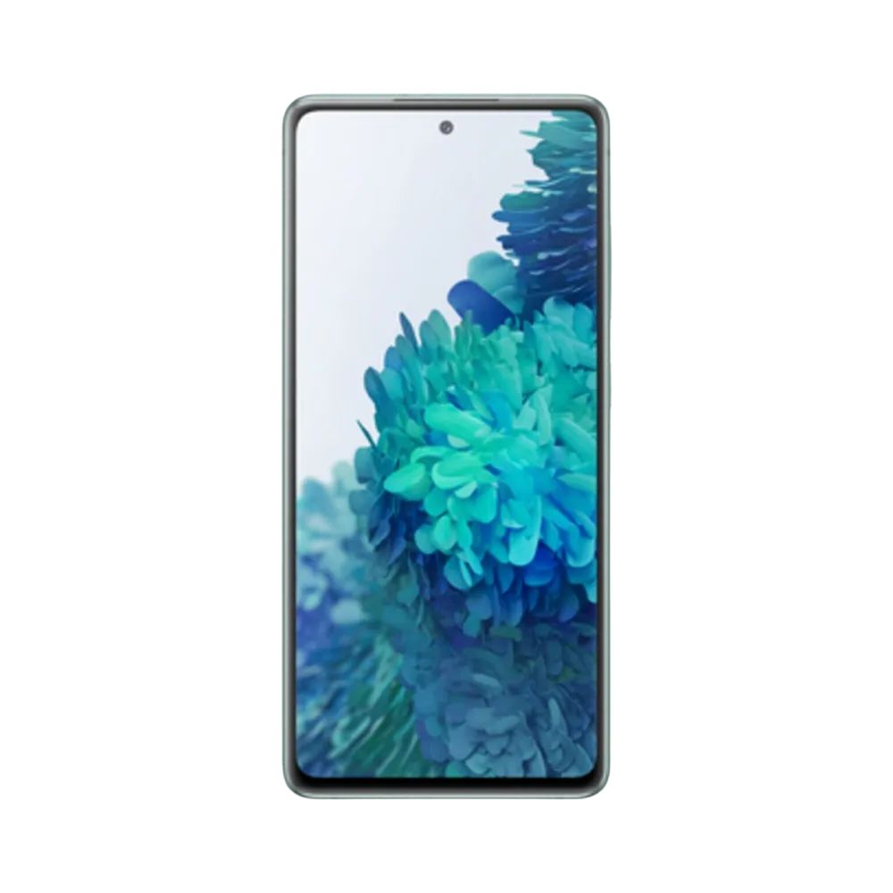 Face avant du Galaxy S20 FE vert avec dalle AMOLED bord à bord et poinçon central discret. Réparation iTelier Lyon : écran cassé, tactile bloqué, nappe d’affichage défectueuse. Service rapide garanti 1 an avec pièces d’origine Samsung.