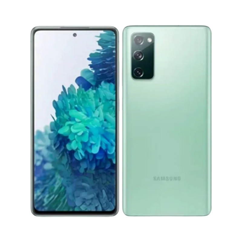 Galaxy S20 FE vert vu en perspective arrière, mettant en avant son design fin et bloc photo. Réparations iTelier Lyon : vitre arrière, haut-parleur interne, port USB-C. Service local à Lyon 6 ou envoi sécurisé partout en France.