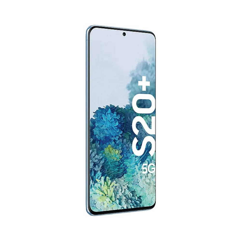 Samsung Galaxy S20+ 5G bleu vu de trois-quarts arrière, design élégant et bloc photo mis en avant. Réparations iTelier Lyon : vitre arrière fissurée, haut-parleur, connecteur de charge. Service local rapide ou envoi sécurisé en France.