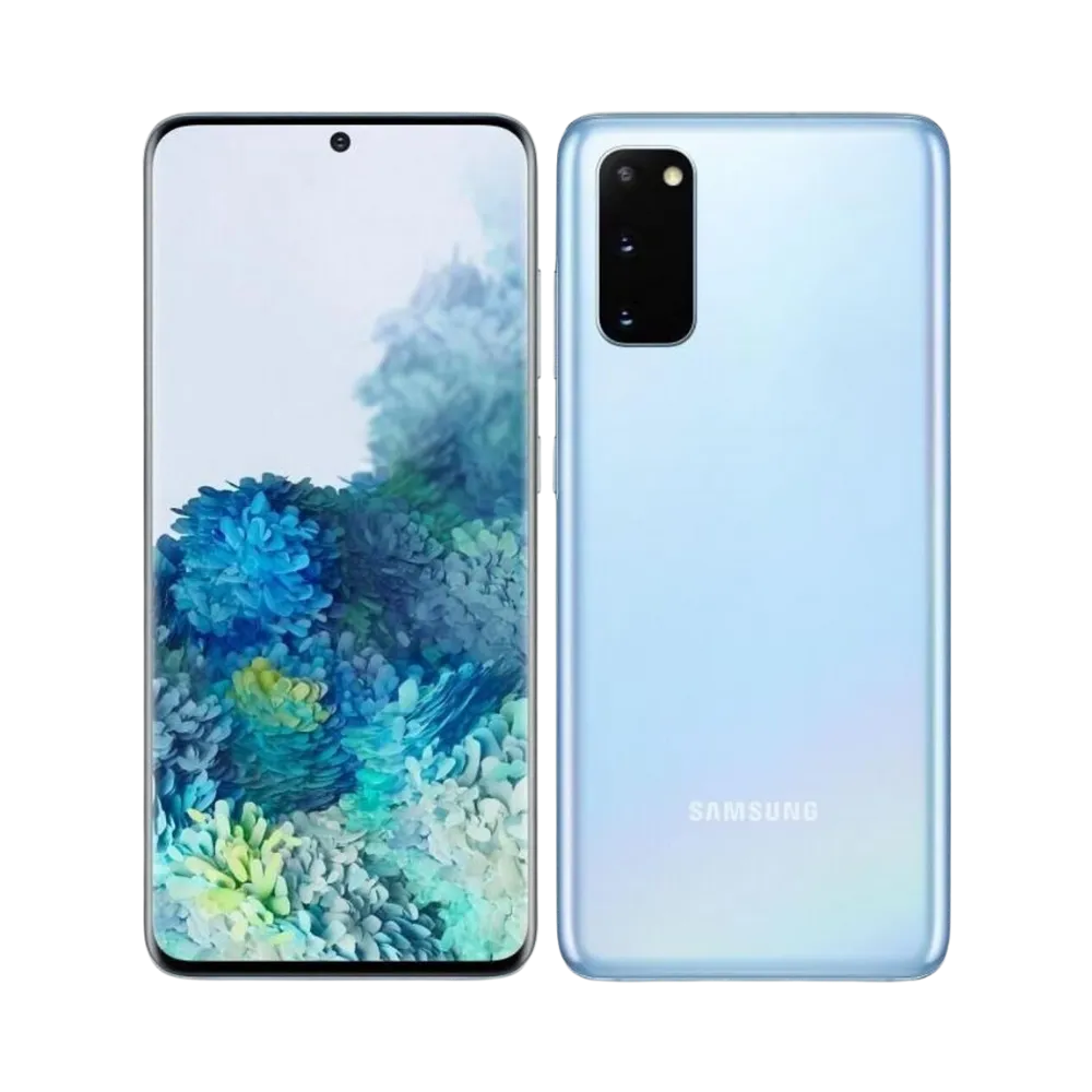 Profil du Galaxy S20 bleu montrant la tranche métallique fine avec boutons volume/alimentation. iTelier Lyon : port USB-C, boutons latéraux, remplacement écran AMOLED. Garantie 1 an sur les pièces.