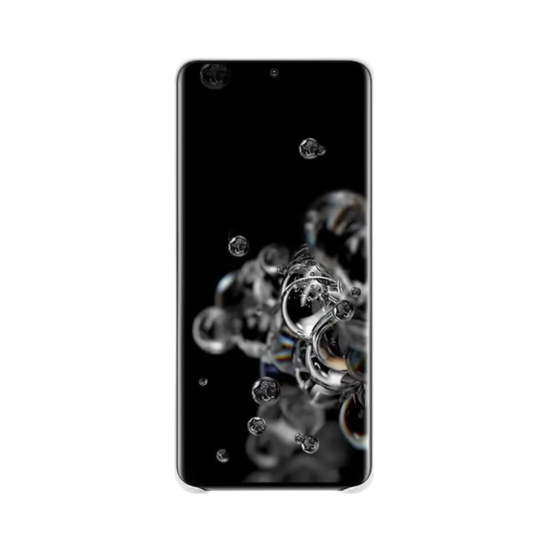 Vue avant du Galaxy S20 Ultra blanc avec dalle AMOLED bord à bord et poinçon central. Réparation iTelier Lyon : remplacement écran cassé, tactile hors service, nappe de connexion. Intervention rapide avec pièces d’origine garanties 1 an.