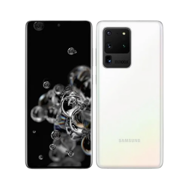 Galaxy S20 Ultra blanc vu en perspective arrière, soulignant le bloc photo proéminent et la finition brillante. iTelier Lyon : remplacement vitre arrière, module photo, port de charge. Service local rapide et garantie pièces Samsung.