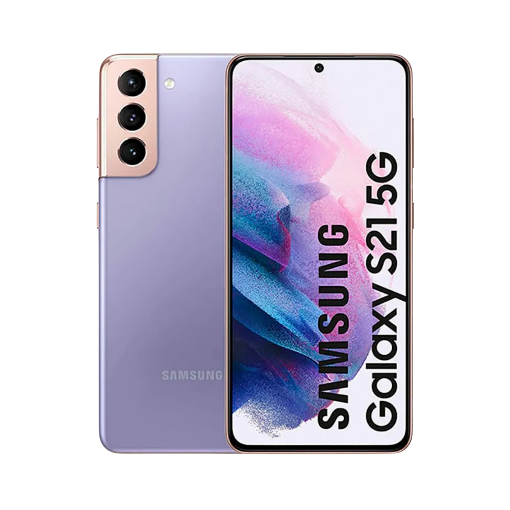 Samsung Galaxy S21 5G violet avec contour doré, affiché de face avec écran AMOLED bord à bord et de dos avec triple caméra verticale. Réparations iTelier Lyon : remplacement écran, vitre arrière, batterie et diagnostic gratuit en boutique ou par colis.