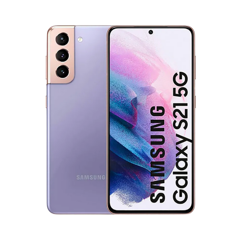 Samsung Galaxy S21 5G violet avec contour doré, affiché de face avec écran AMOLED bord à bord et de dos avec triple caméra verticale. Réparations iTelier Lyon : remplacement écran, vitre arrière, batterie et diagnostic gratuit en boutique ou par colis.