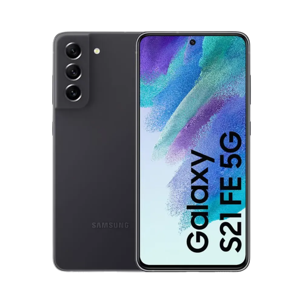 Samsung Galaxy S21 FE 5G noir, affiché de face avec écran AMOLED bord à bord et de dos avec triple capteur photo vertical. iTelier Lyon : remplacement écran cassé, vitre arrière fissurée, batterie, diagnostic offert en boutique ou par correspondance.