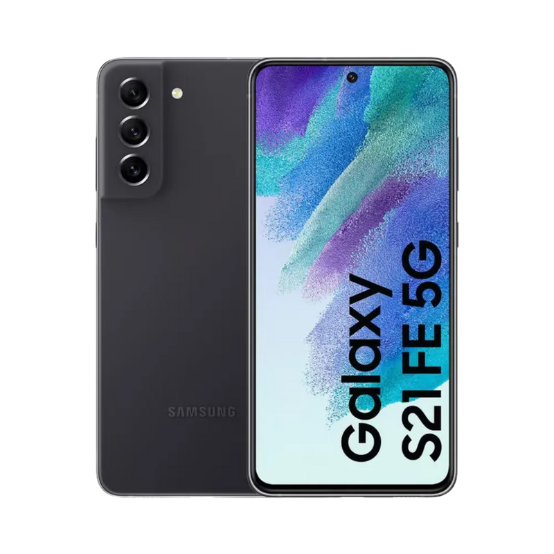 Samsung Galaxy S21 FE 5G noir, affiché de face avec écran AMOLED bord à bord et de dos avec triple capteur photo vertical. iTelier Lyon : remplacement écran cassé, vitre arrière fissurée, batterie, diagnostic offert en boutique ou par correspondance.