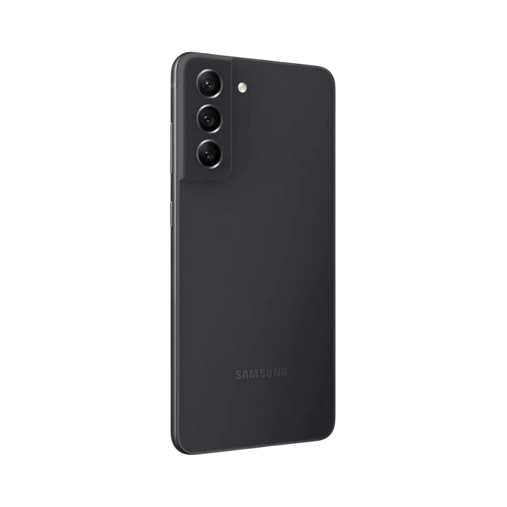 Arrière du Samsung Galaxy S21 FE 5G noir mat avec triple caméra alignée verticalement. Atelier iTelier Lyon : changement vitre arrière, réparation module photo, remplacement batterie. Diagnostic gratuit et réparations rapides à Lyon 6.