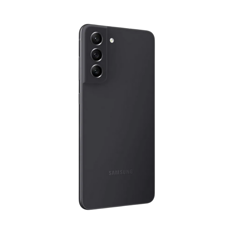 Arrière du Samsung Galaxy S21 FE 5G noir mat avec triple caméra alignée verticalement. Atelier iTelier Lyon : changement vitre arrière, réparation module photo, remplacement batterie. Diagnostic gratuit et réparations rapides à Lyon 6.