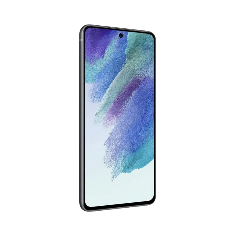 Vue avant du Galaxy S21 FE 5G noir avec dalle AMOLED et poinçon central discret. Réparation iTelier Lyon : écran OLED brisé, tactile hors service, nappe de connexion. Service express garanti 1 an sur toutes les pièces remplacées.