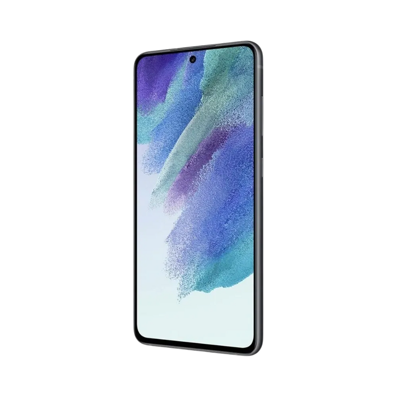 Galaxy S21 FE 5G noir vu en perspective arrière, mettant en avant la finesse et le bloc photo vertical. Réparations iTelier Lyon : vitre arrière, haut-parleur interne, connecteur de charge. Service local rapide ou envoi national sécurisé.